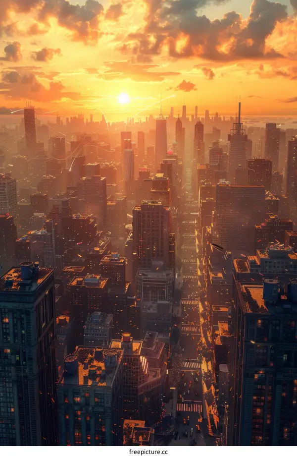 Sunrise over a futuristic metropolis