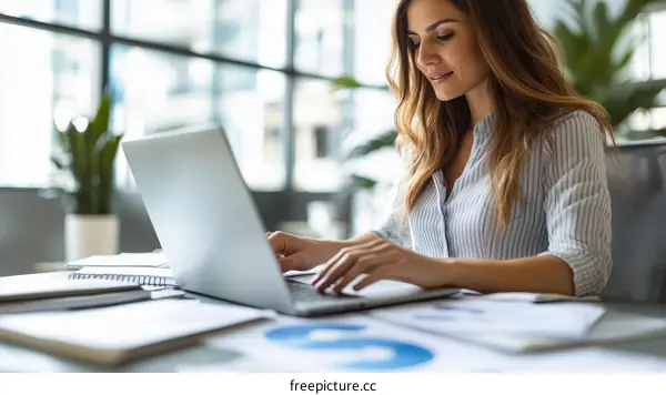 Businesswoman Working on Laptop in Modern Office