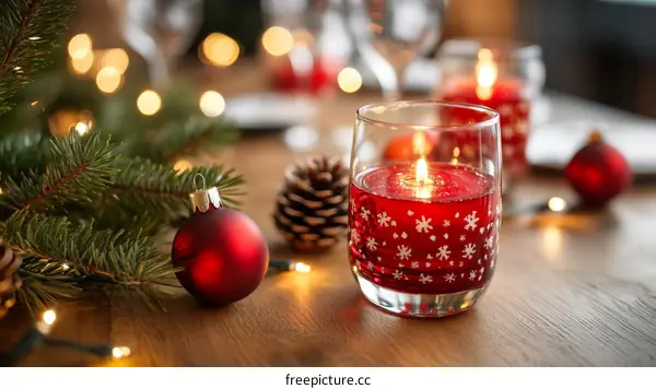 Christmas Festive Table Setting with Candles and Ornaments