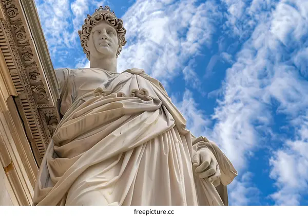 White Marble Statue Of A Man With A Crown Against A Blue Sky With Clouds