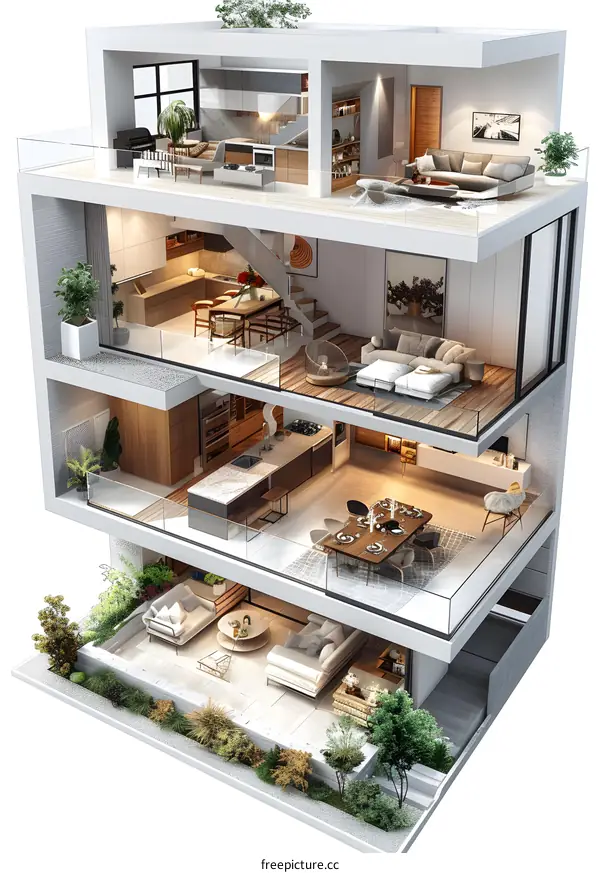 剖面图展示的三层现代住宅