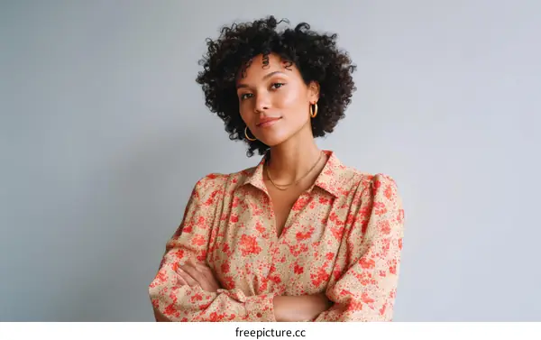 Confident Woman in a Floral Print Blouse