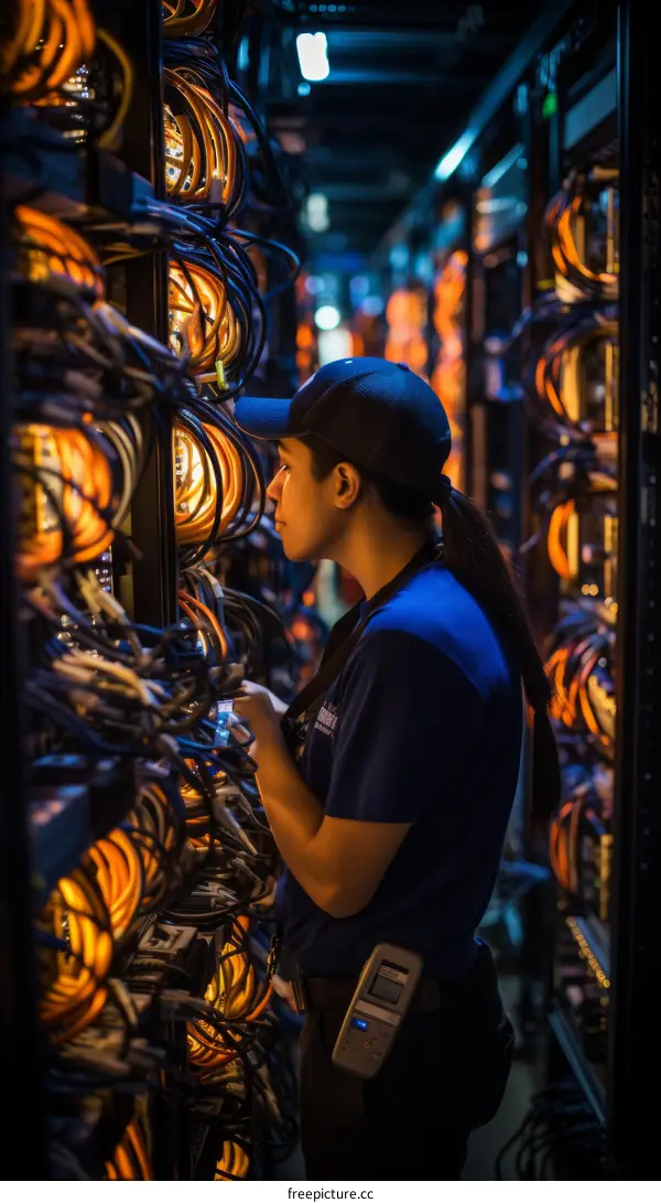 technician works on a server in a data center