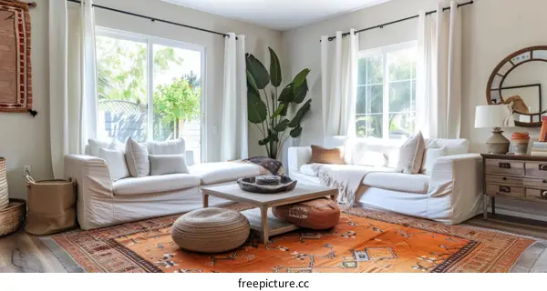 Airy bohemian living room with white sofas and an orange rug