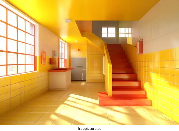 Yellow and Red Interior Design Stairway with Windows
