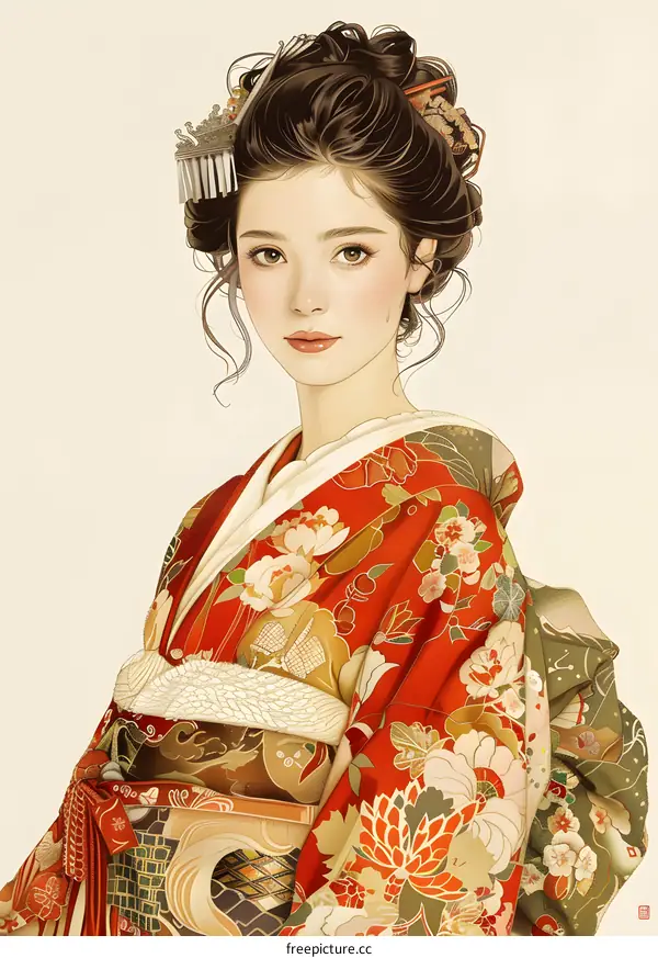 A beautiful Japanese woman in a red kimono
