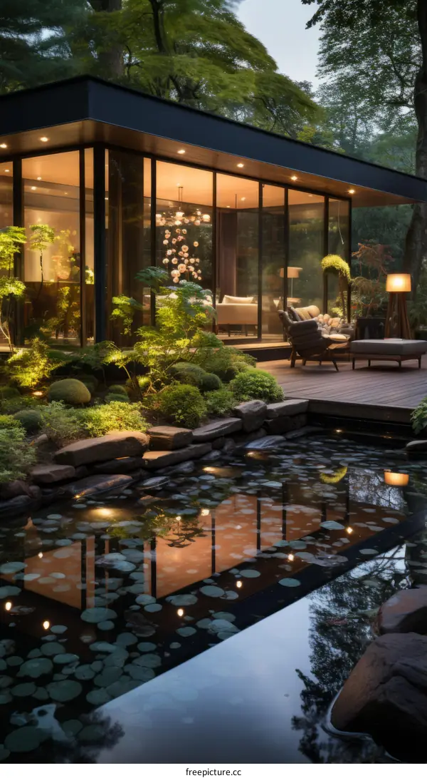 A tranquil setting featuring a home with a pond and a garden