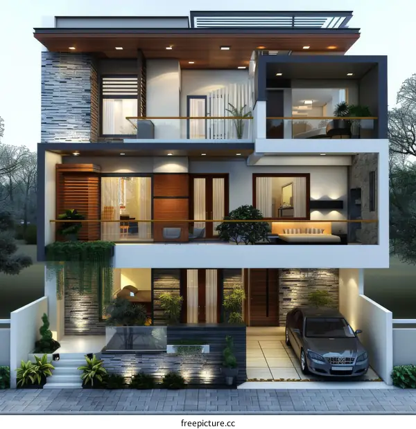 Modern House Design with Balconies and Parking