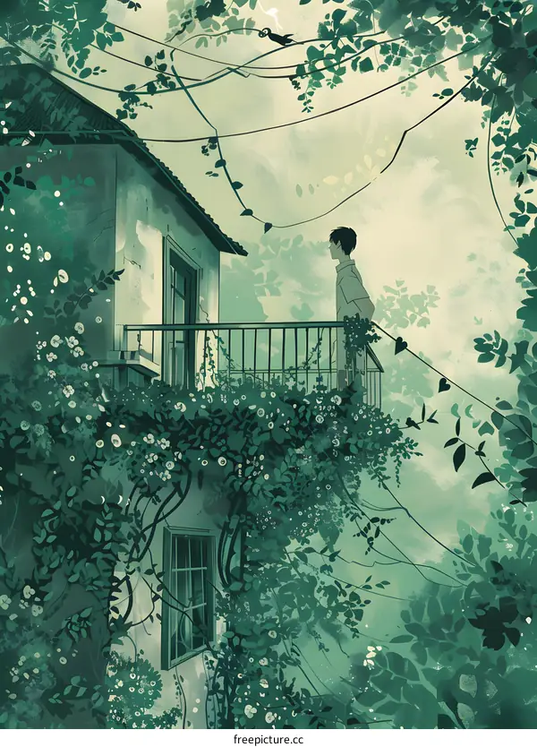 Man Standing on Balcony Surrounded by Greenery