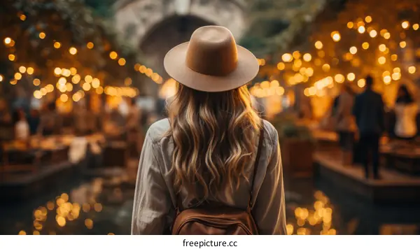 A woman wearing a hat is walking down a street with a blurred background of lights.