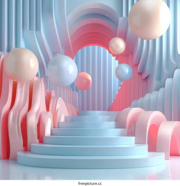 pastel pink and blue abstract background with stairs and floating spheres