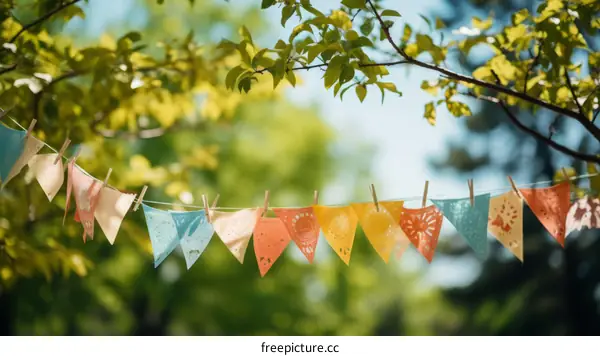 Colorful paper flags hanging from a tree branch
