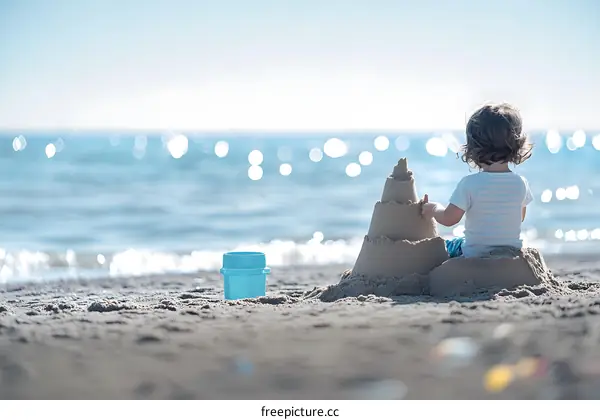 Child Building Sandcastle on Beach