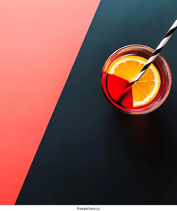 Glass of Red Drink with Lemon Slice and Straw on Black and Pink Background