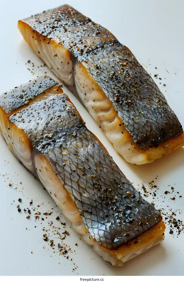 Two pieces of salmon fillet with crispy skin