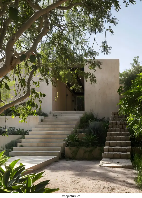 Modern Concrete Steps Leading to House Entrance