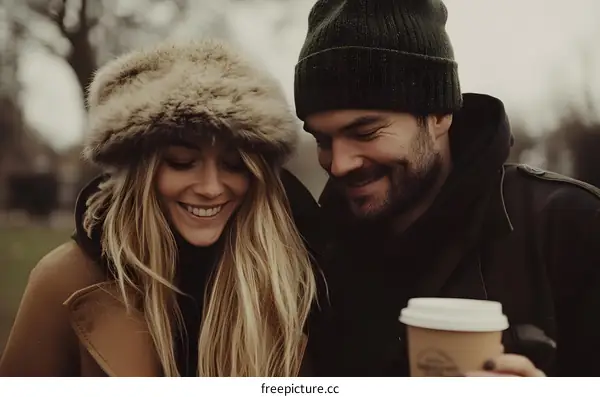 Smiling Couple in Winter With Coffee