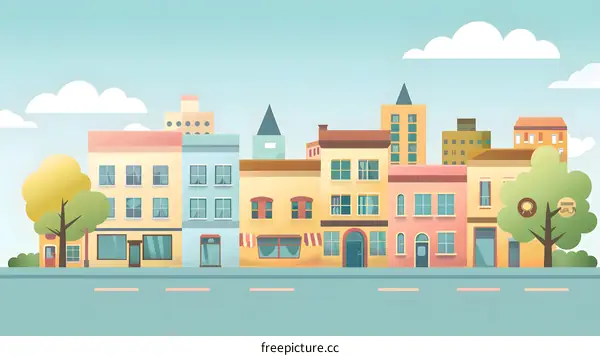 Flat Design Illustration of Colorful Cityscape with Buildings and Trees