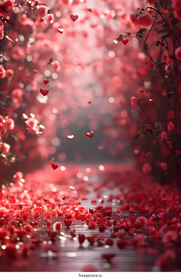 Red rose petals and hearts falling in a magical forest