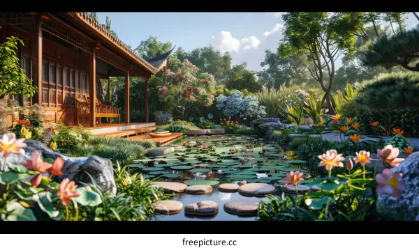 Asian Garden Landscape Illustration with Traditional Wooden House