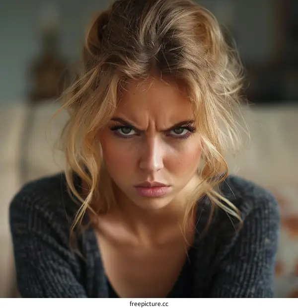 Angry Young Woman with Frowning Face