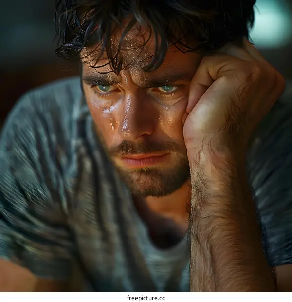 portrait of a young sweaty man resting his head on his hand