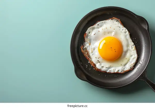 Fried egg in a frying pan on a blue background