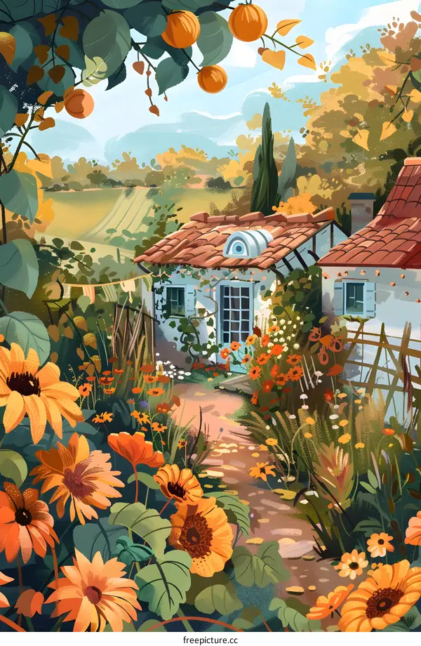 Countryside Cottage with Sunflowers and Garden Path