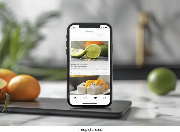 Smartphone on Kitchen Countertop Displaying Food Recipe App