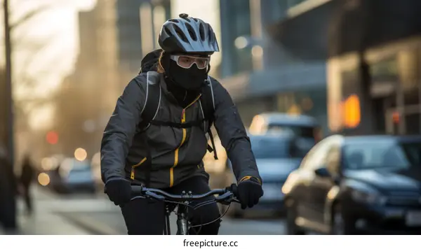 Cyclist wearing a helmet and a face mask rides a bicycle in the city