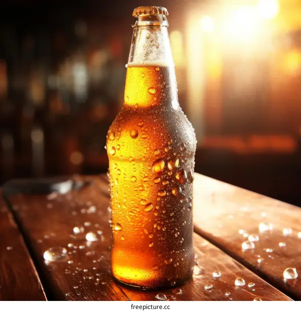 Close-up of a Single Beer Bottle with Water Droplets
