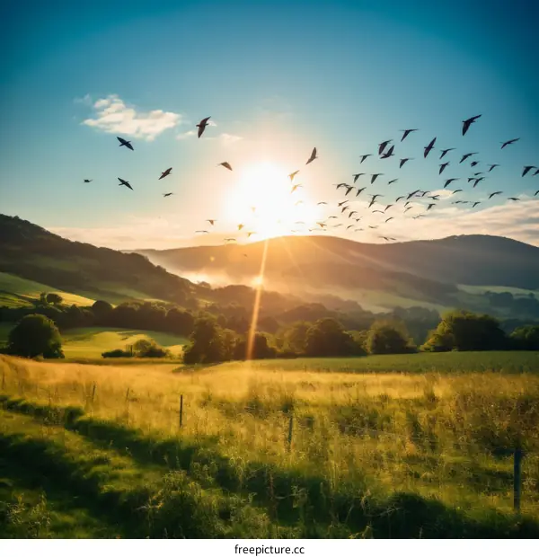 Birds Flying Over Green Hills at Sunset