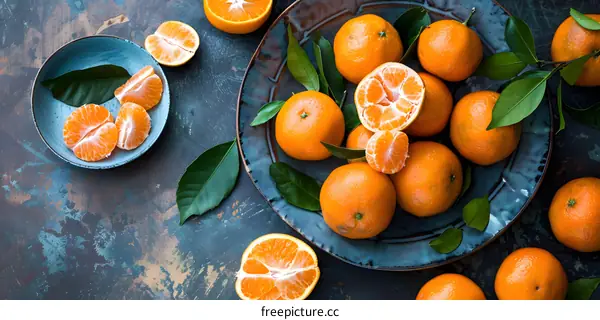 Fresh Oranges with Green Leaves on a Blue Plate