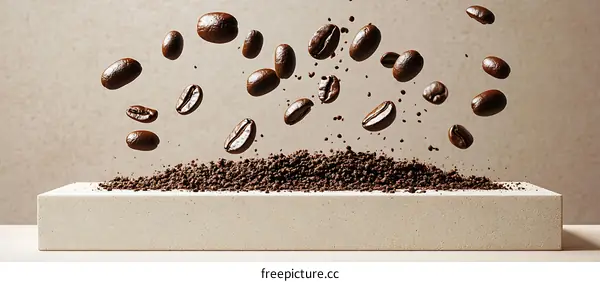 Coffee Beans Falling onto a Surface