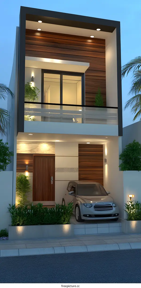 Modern Two Story House Design with Wood Exterior and Balcony