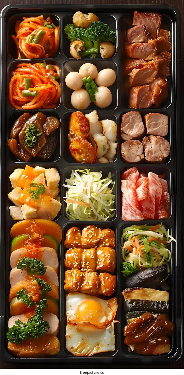 A variety of Japanese dishes are arranged in a black plastic container.