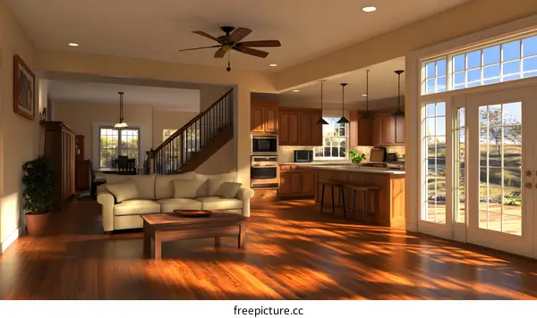Modern Home Interior Design with Wooden Flooring and Ceiling Fan
