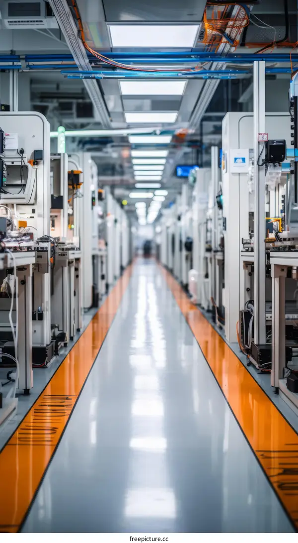 factory production line with machinery and orange safety line on floor