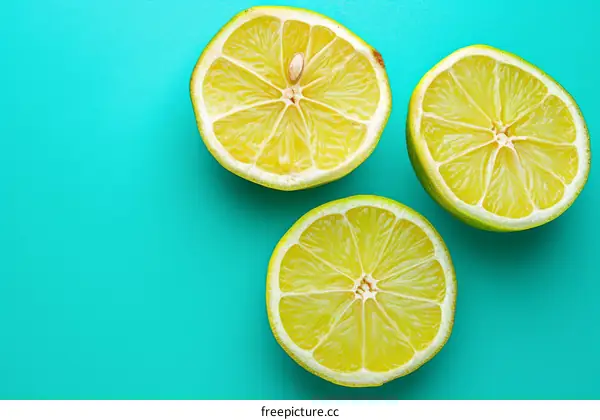 Three halves of a lime on a bright teal blue background