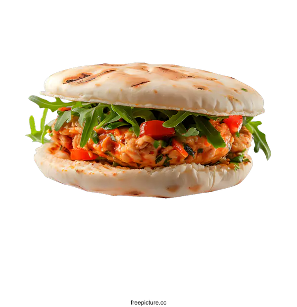 [Transparent Background PNG]Grilled Pita Bread Burger with Arugula and Tomatoes