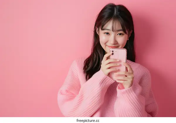 Smiling Asian Woman Holding a Smartphone Against Pink Background