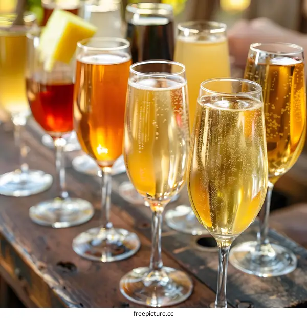 Close Up of Champagne Glasses on Wooden Table