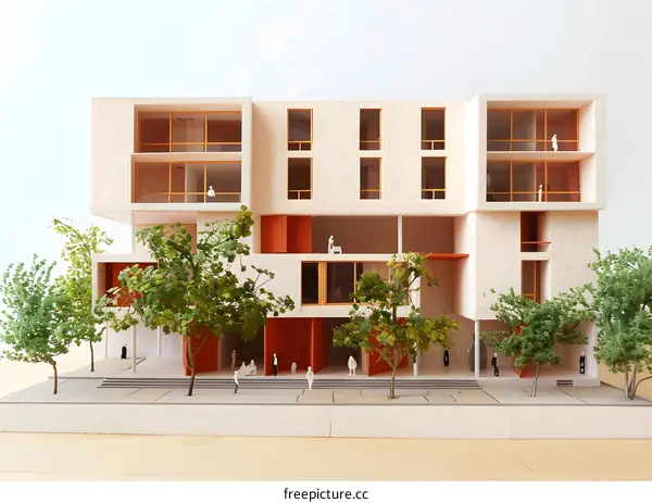 Modern Architectural Model with People and Trees