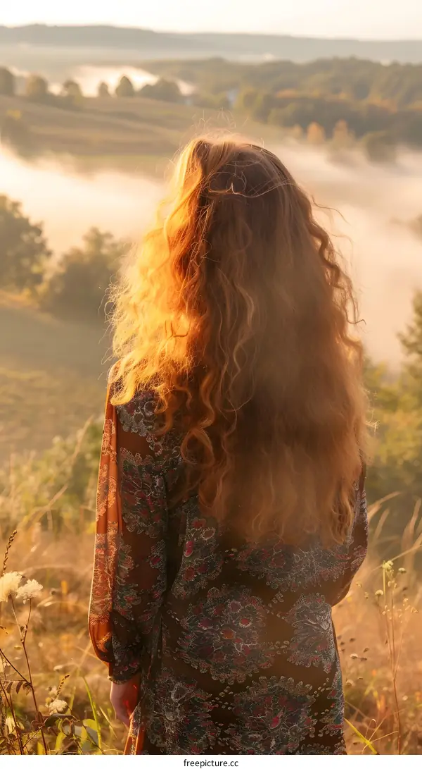 Woman with Long Red Hair Standing in Field