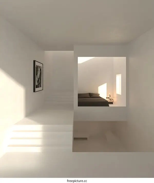 Minimalist White Interior Design with Steps and a Bedroom Window