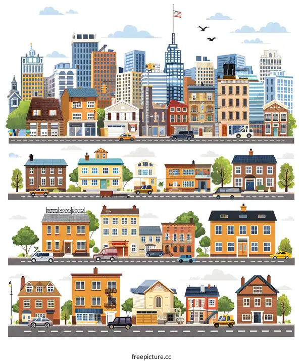 Cityscape Illustration with Colorful Houses and Vehicles