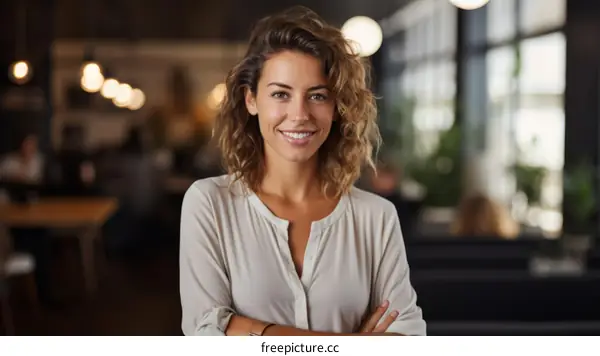 Portrait of a young woman smiling in a restaurant