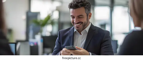 Businessman Smiling While Looking At Phone In Office