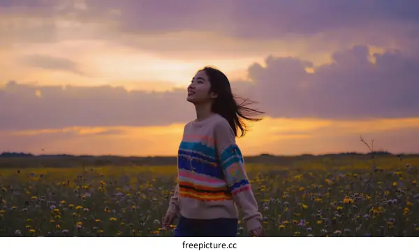 Woman enjoying the sunset in a colorful flower field