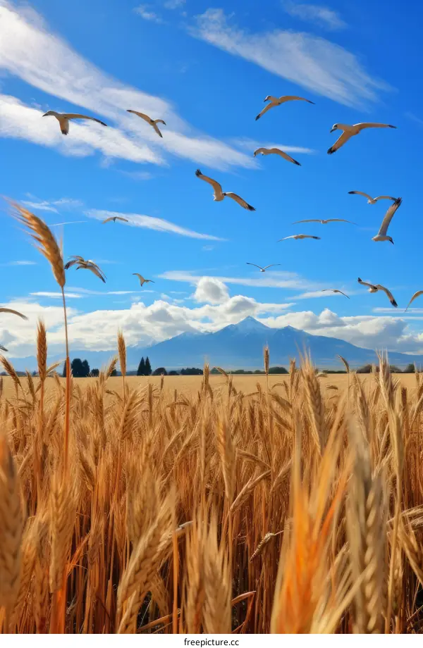 Birds Flying Above a Golden Wheat Field